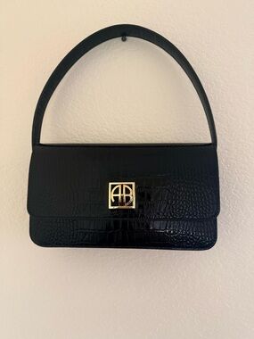 Anine Bing Black Croc-Embossed Shoulder Bag with Gold Logo